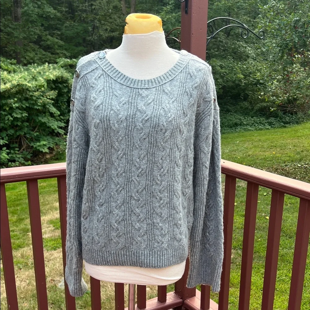 J. Crew grey medium cable knit alpaca wool blend sweater with buttons.